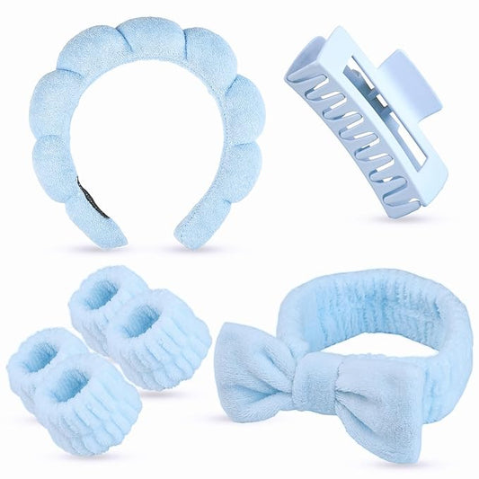 7 Pcs Spa Set, Facial Headband and Wristband Set, Skincare Accessories, College Style Girl Gift, Hair Accessories for Women and Girls (Blue)