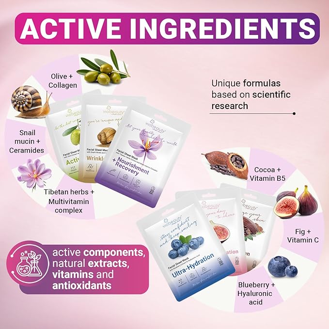 12 Pack of Sheet Face Masks Skincare - Collagen Face Mask Sheets with Hyaluronic Acid, Vitamin C, Snail Mucin - Facial Sheet Mask for Hydrating, Rejuvenating, Moisturizing