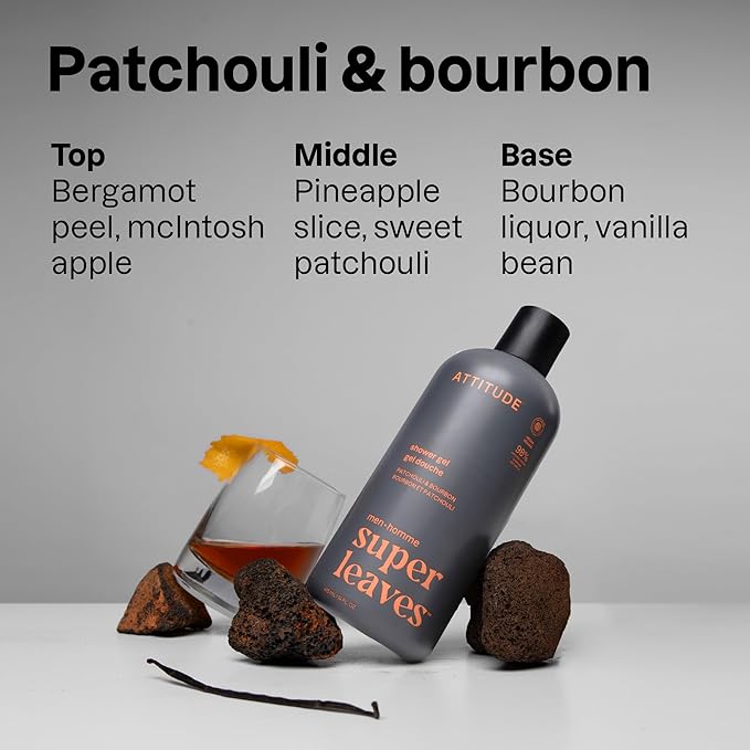 ATTITUDE Shower Gel Body Wash for Men, 98% Natural Origin Ingredients, Paraben & Phthalate Free, EWG Verified, Cleanses Without Drying, Patchouli & Bourbon, 14 Fl Oz (Pack of 3)