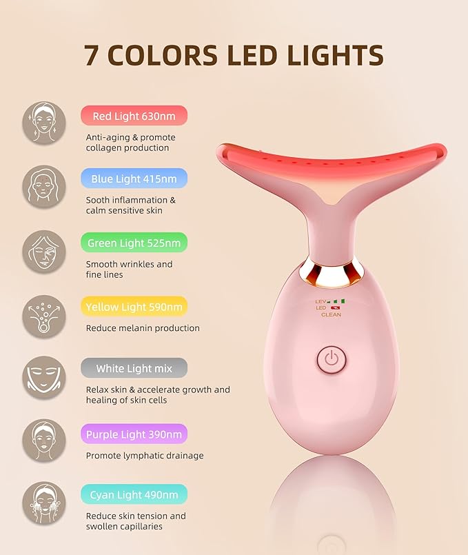7 Color Face and Neck Massager Light Therapy, Red Light Based Facial Massager for Skin Care, Firming, Smoothing (Rose Golden)