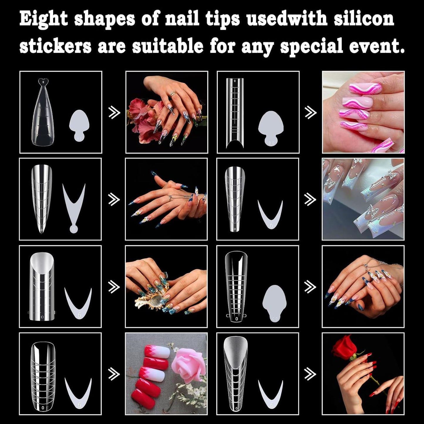Allstarry 384pcs Nail Dual Forms, Silicone French Nail Forms for Poly Gel Nail Gel Extension Full Cover Acrylic Nail Tips 8 tpye nail form and Silicone Reusable Stickers for Manicure Extension
