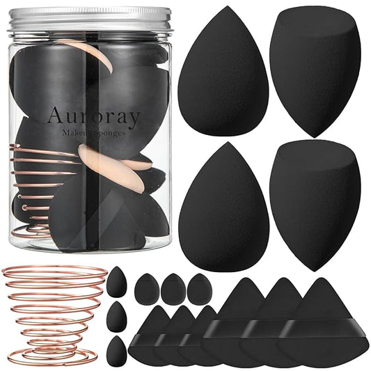 17PCS Makeup Sponge Set with 3PCS Mini Makeup Sponges,1PCS Make Up Sponges Holder,3PCS Foundation Mini Make Up Sponge Puff and 6PCS Powder Puff (Black)