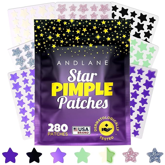 280Pcs Star Pimple Patches for Face - Hydrocolloid Acne Blemish Pimple Patches Cute Stars - Glitter, Regular, Glow in the Dark, Translucent 7 Colors, 3 Sizes Zit Stickers