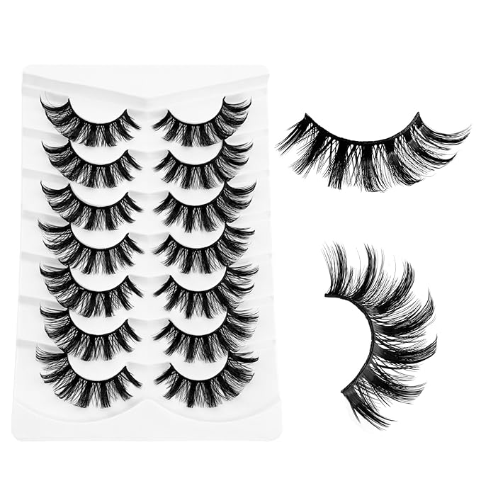 Cat Eye Lashes False Eyelashes Yasnai D Curl Russian Strip Lashes 17mm Fake Eyelash Wispy Natural Look Lashes 3D Fake Mink Lashes Eyelashes 7 Pairs Pack