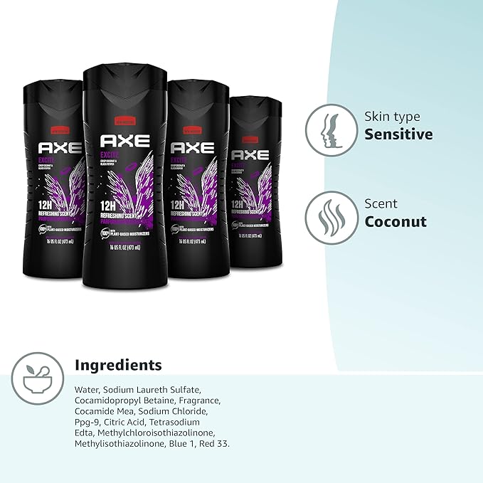 AXE Body Wash 4 Count 12h Refreshing Scent Excite Crisp Coconut & Black Pepper Men's Body Wash with 100% Plant-Based Moisturizers 16 oz