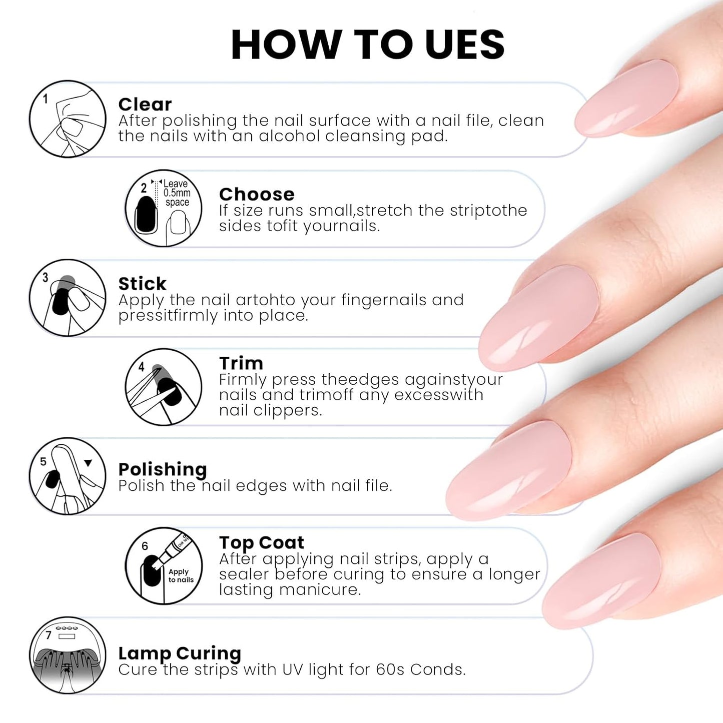 Semi Cured Gel Nail Strips | Built-In Gel Top Coat | UV Light Required | Salon Quality, Easy Application And Removal (Pink French)