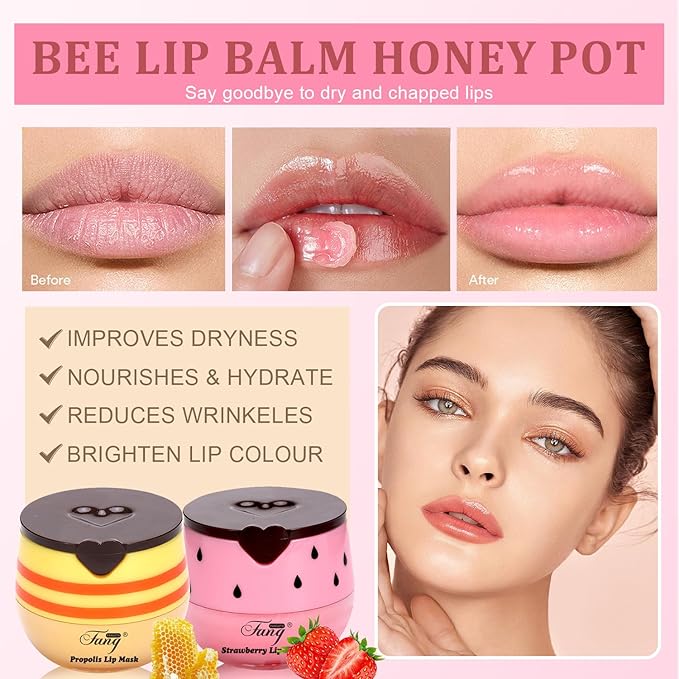 6 PCS Bee Lip Balm Honey Pot, Honey Strawberry Watermelon Apple Vanilla Peach Bee Lip Balm Sleeping Lip Mask Overnight with Sticks, Honey Pot Lip Balm Exfoliating Prevention Dry and Crack Lip Scrubs