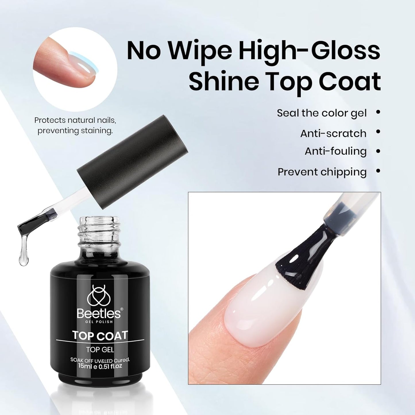 Beetles Builder Nail Gel & Top Coat and Base Coat Set-3Pcs 15ml White Gel Nail Polish Strengthener Gel Polish Soak Off UV LED for Nail Extension, Nail Repair, Shine Effect Long Lasting