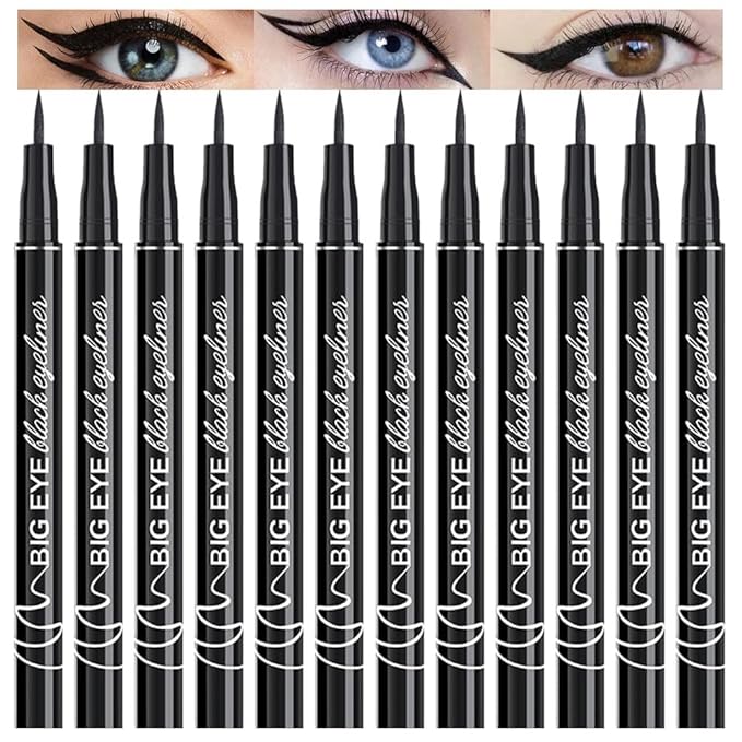 12-Pieces Matte Liquid Eyeliner Pens Set, Eye Ink Liner Makeup, Quick Drying, Smudge-Resistant, Vegan Formula (Pack of 12) (Black)