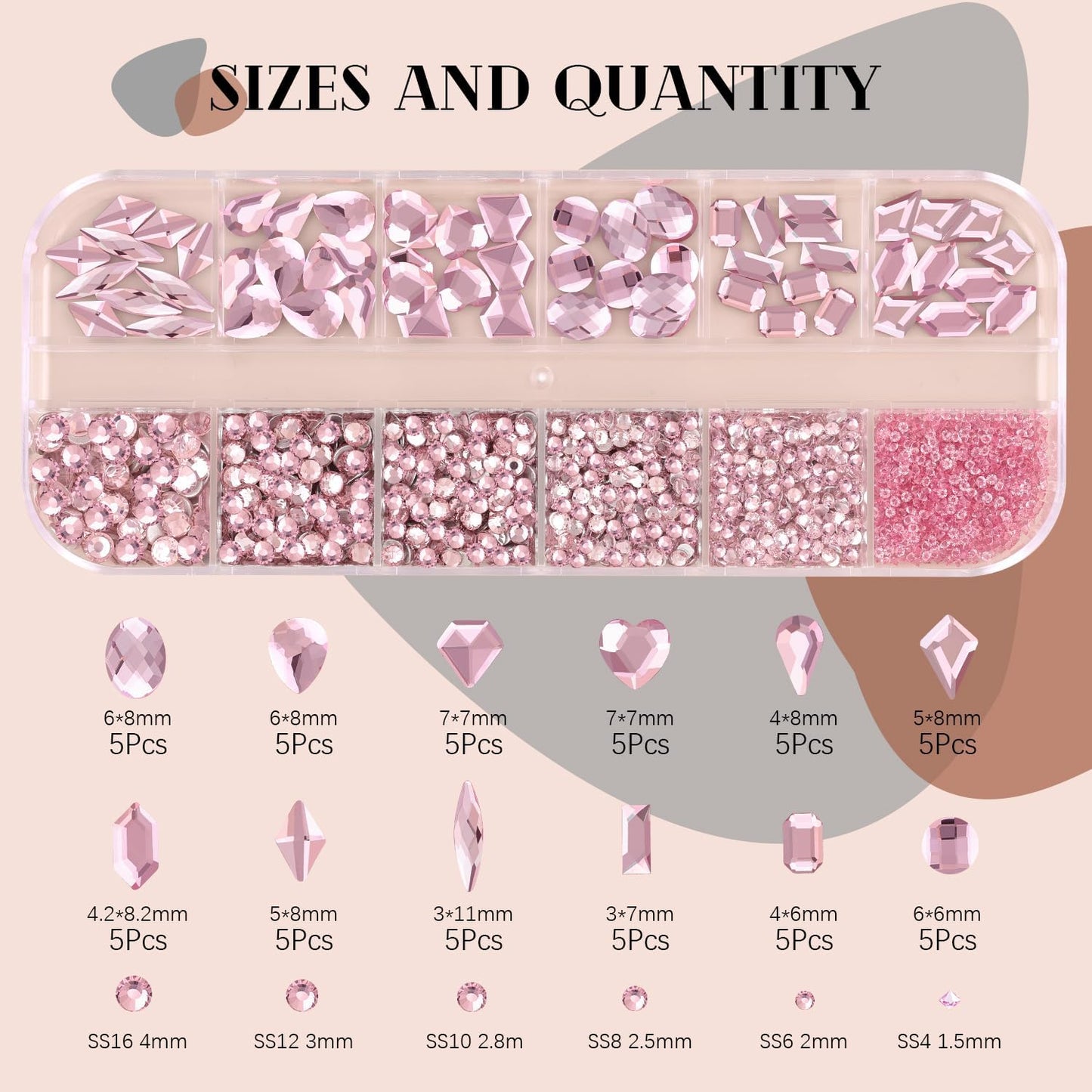 2060Pcs Pink Glass Nail Rhinestones 60Pcs Multi Shapes Flatback Nail Gems + 2000Pcs 1.5-4mm Round Crystal, Manicure Nail Charms Diamond Gemstones for Acrylic Nails Decoration
