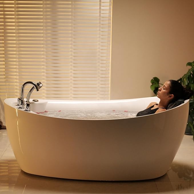 67 in. Acrylic Freestanding Bath Tub Hydromassage Gracefully Oval Shaped 7 Water Jets Soaking SPA, Single-Ended Massage Bathtubs with Pillow, White
