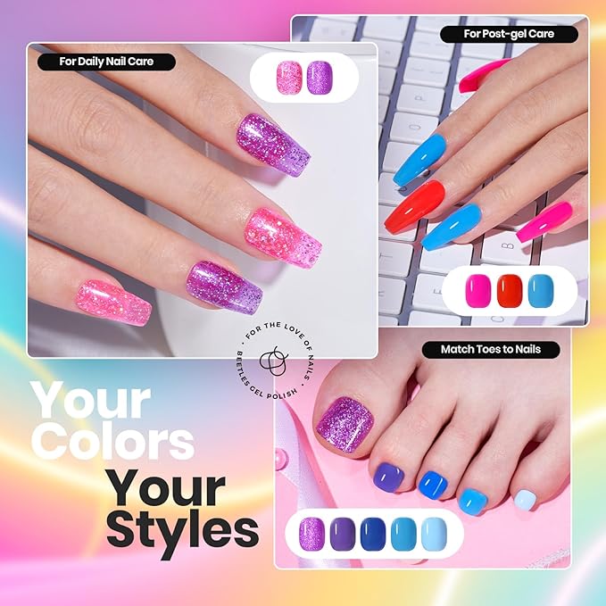 Beetles Quick Dry Nail Polish Set - Glitter Neon Nail Polish Kit 12 Colors Pink Green Blue Yellow Red Regular Air Dry Fingernail Polish Pack for Women Gift Beetles 12 ColorsS