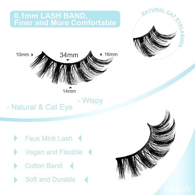 Cat Eye Lashes False Eyelashes Yasnai D Curl Russian Strip Lashes 17mm Fake Eyelash Wispy Natural Look Lashes 3D Fake Mink Lashes Eyelashes 7 Pairs Pack