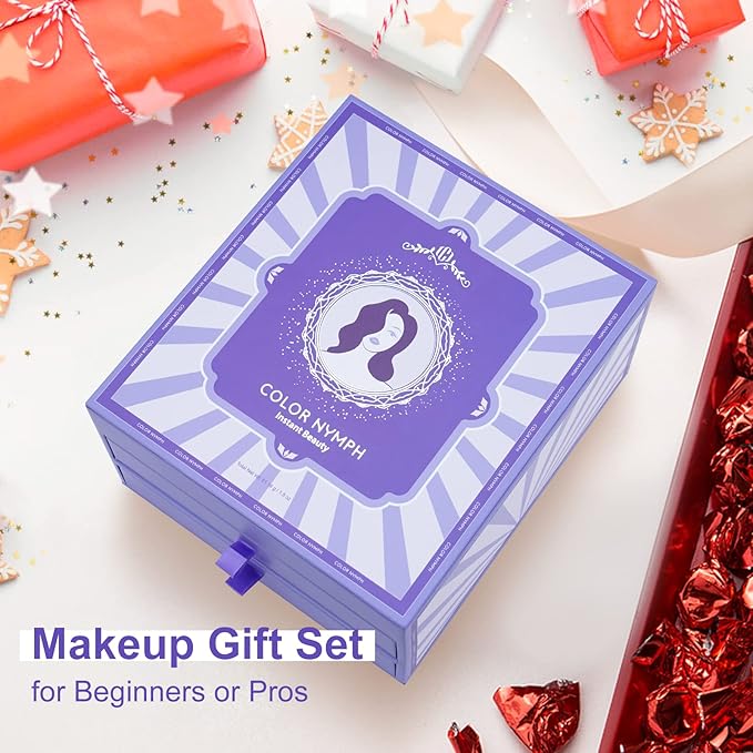 Color Nymph Makeup Gift Set For Teens, Full Kit With Make Up Kits Beginner Makeup Sets with Paper Exquisite Purple Cosmetics Box 2 Eyeshadow Palettes, Mascara, Lipstick, Lipgloss Makeup Set Brushes