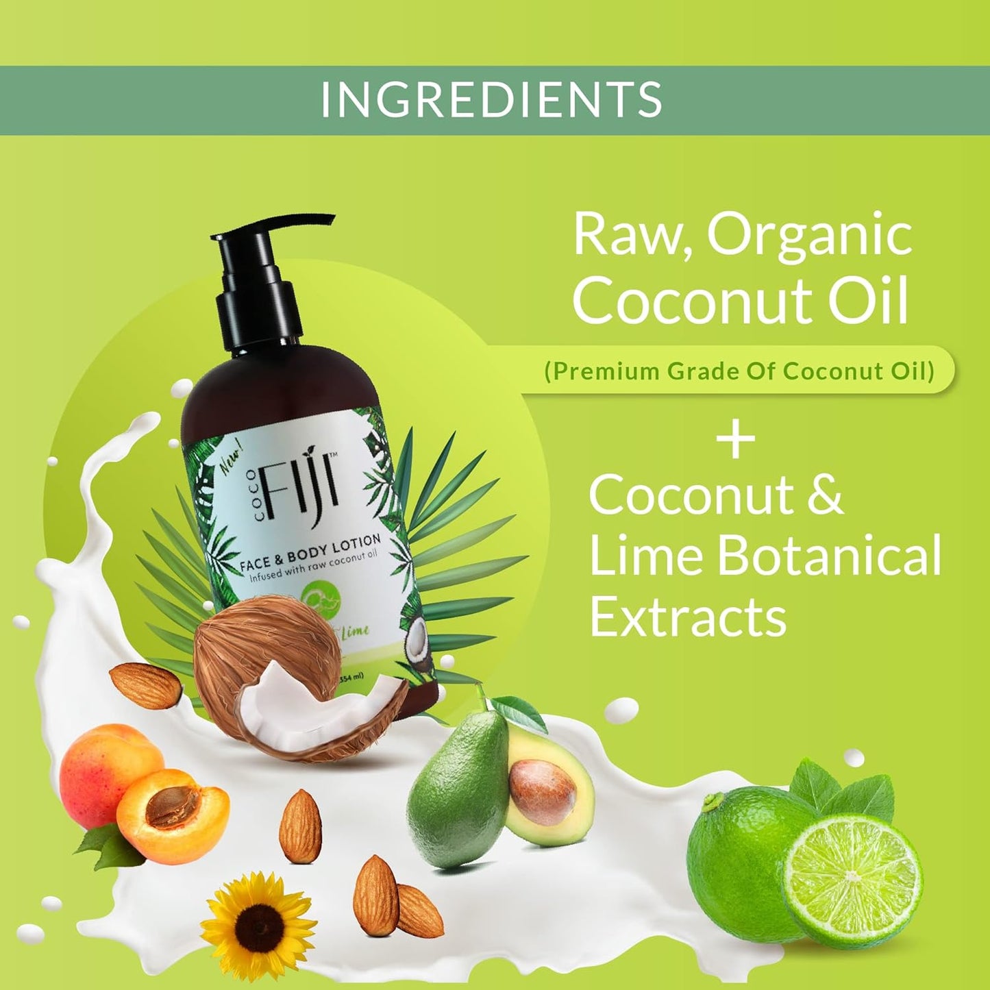 Coco Fiji Face & Body Lotion Infused With Coconut Oil | Lotion for Dry Skin | Moisturizer Face Cream & Massage Lotion for Women & Men |Coconut Lime 12 oz, Pack of 1