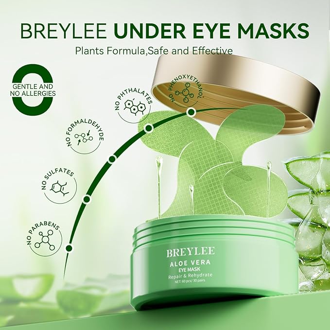 BREYLEE Aloe Vera Eye Masks– 60 Pcs - Puffy Eyes and Dark Circles Treatments – Look Younger and Reduce Wrinkles and Fine Lines Undereye, Improve and Firm eye Skin - Pure Natural Material Extraction