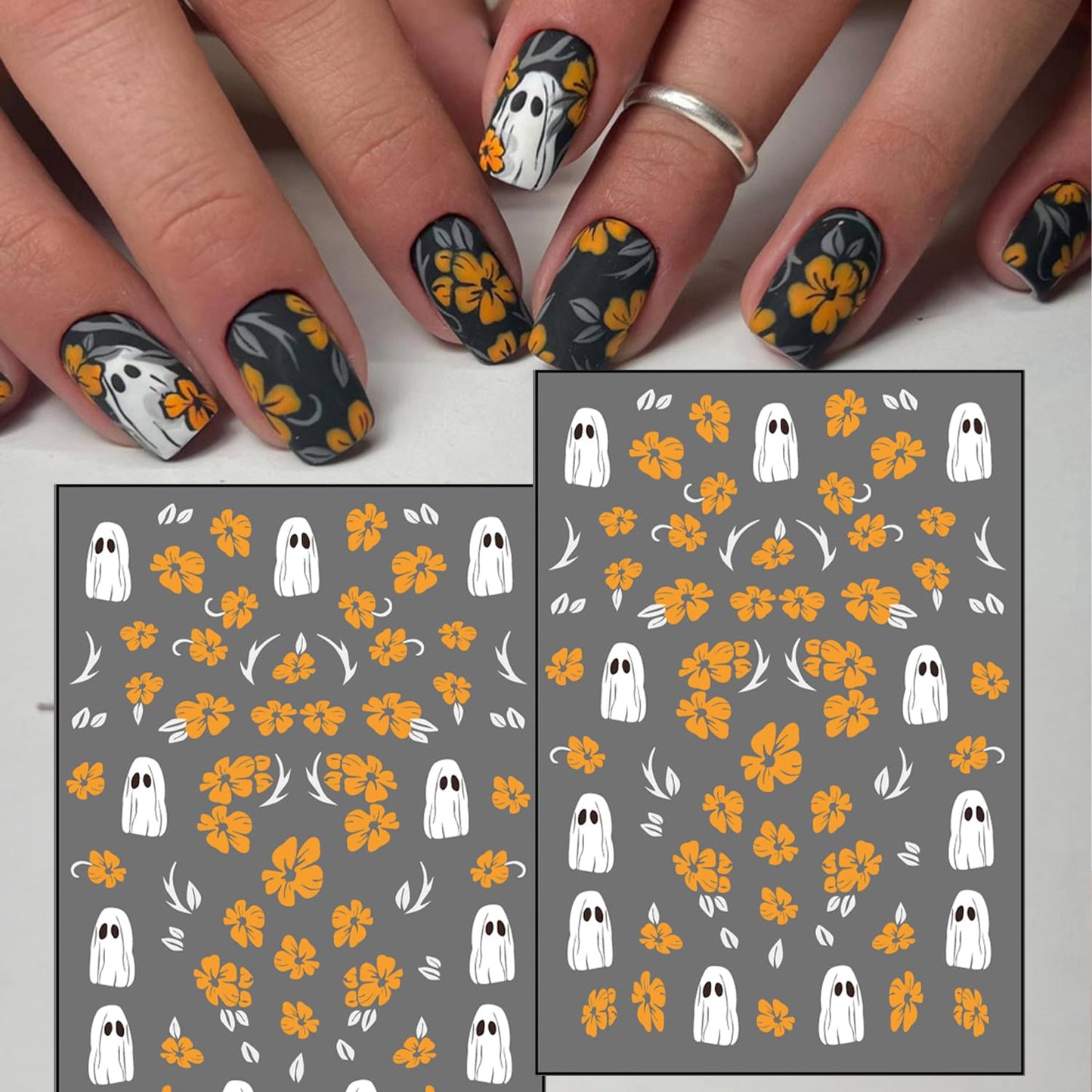 8 Sheets Halloween Nail Art Stickers Cute Ghost & Mummy Designs 3D Self-Adhesive Flower Nail Stickers Halloween Spider Pumpkin Spider Web Acrylic Nails Art Decoration for Women Nails Art Supplies