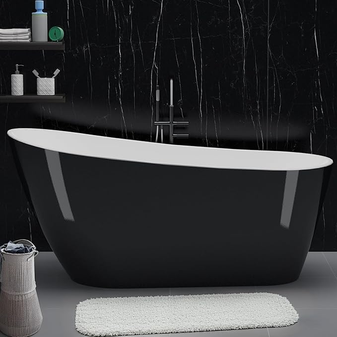59 inch Stand Alone Tub Acrylic Freestanding Soaking Bathtub – Modern Matte Black and White Bath with Chrome Drain, Perfect for Guest Bathroom or Urban Living Spaces