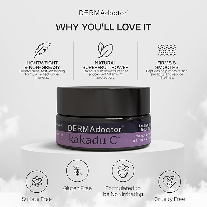 DERMAdoctor Clay Face Mask with Bentonite & Kaolin Clay + Vitamin C - Face Exfoliator, Pore Minimizer, Facial Detox, Facial Oil Remover, Illuminator, Acne Scar Mask for Faces - 15 Minutes - 1.69 oz