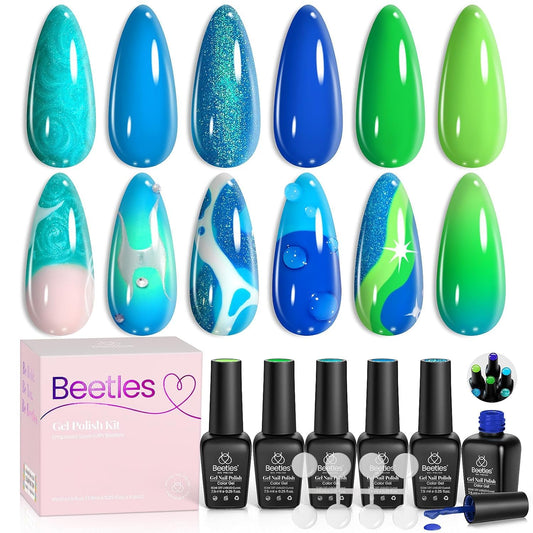 Beetles Blue Gel Nail Polish, 6 Colors Swirl Pacific Blue Glitter Blue Green Gel Polish Swirl Shell Thread Effect Soak Off Nail Art Design Salon Home Manicure Gift for Girls Women
