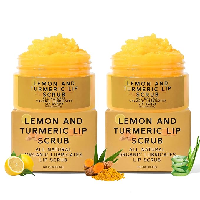 2 Pcs Turmeric Lemon Lip Scrub for Dark Lips, Natural Lightening Sugar Lip Scrub with Aloe Vera for Smokers, Lip Treatment for Lip Exfoliating, Chapped Lips