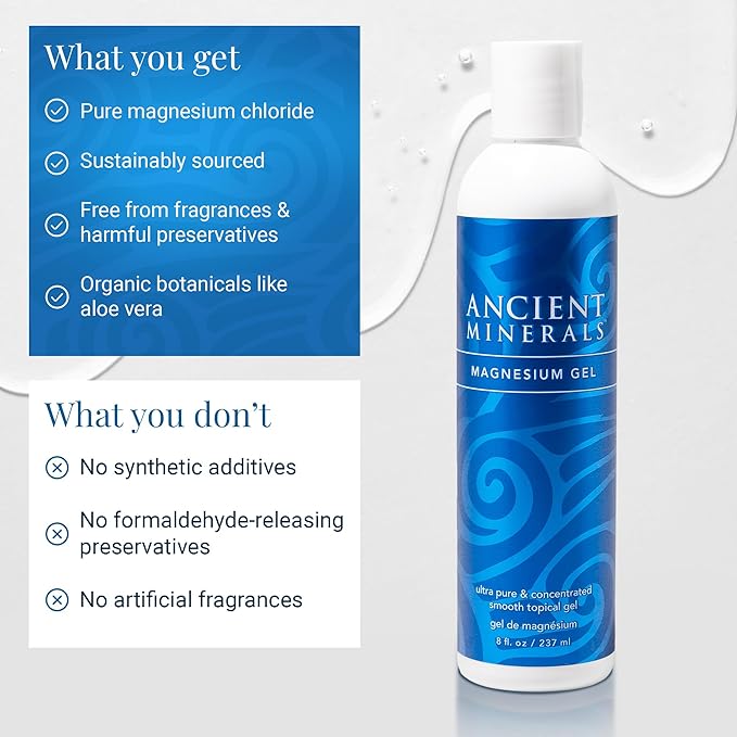 Ancient Minerals Magnesium Gel - 8oz Bottle - Pure Genuine Zechstein Magnesium Chloride - Best for Massage, Topical Skin Application