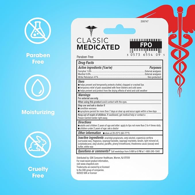 ChapStick Medicated Lip Balm 4-Pack – External Analgesic, Skin Protectant for Dry Lips & Cold Sore Pain Relief, 0.15 Oz Ea