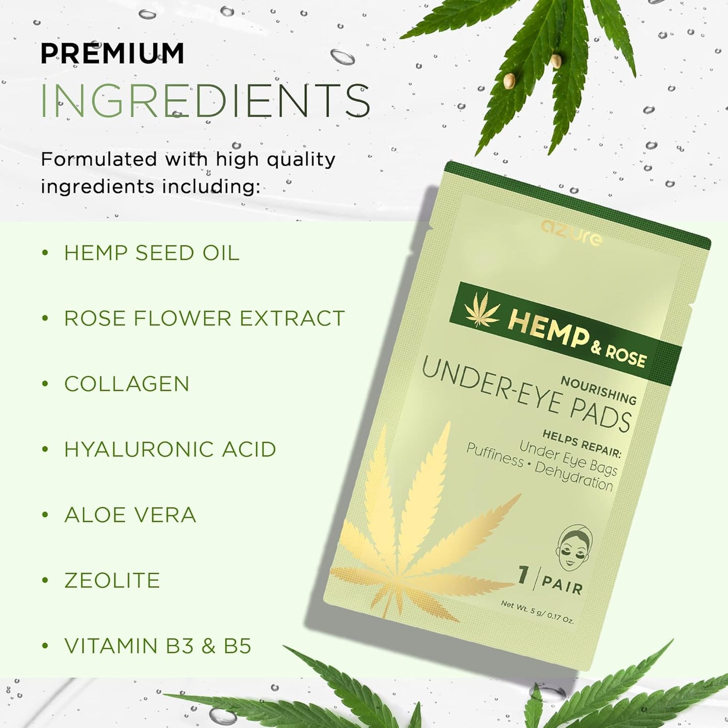 AZURE Hemp & Rose Nourishing Under Eye Pads - Toning, Hydrating & Anti Aging Eye Mask Patches - Reduces Fine Lines, Wrinkles, Dark Circles & Puffiness - Skin Care Made in Korea - 5 Pairs