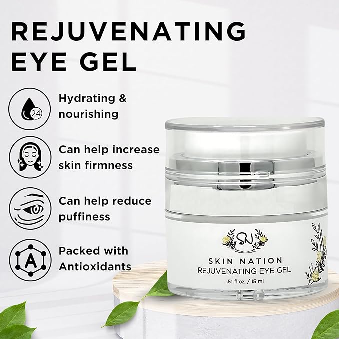 Skin Nation Rejuvenating Eye Gel, Super Hydrating with Peptides, Hyaluronic Acid and Green Tea, Lightweight Plant Based Under Eye Cream for Puffiness, Dark Circles and Smooth Skin, 0.5 oz