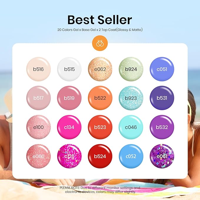 Beetles Gel Nail Polish Set, 20 Colors Blue Nude Pink Purple Orange Glitter Gel Polish Glamour Games Collection with Base Top Coat Nail Art Soak off Nail Manicure Gift for Girls Women