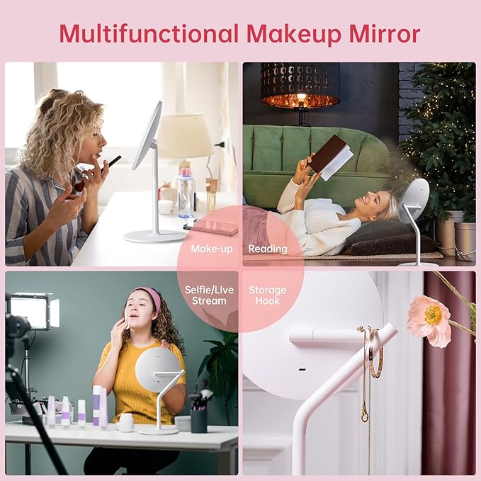 AMIRO 8'' LED Makeup Mirror, 5-Level Brightness/Touch Screen Control/Memory Function/180° Rotation/Detachable Small 5X Magnification Mirror