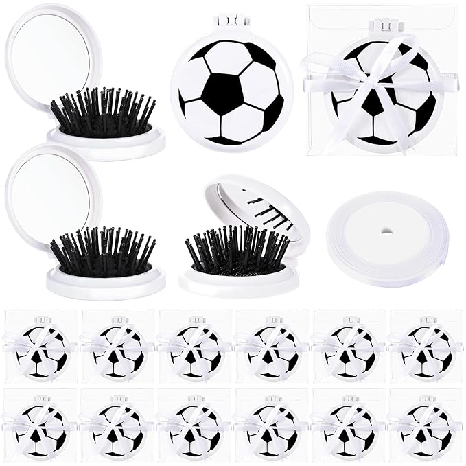 12 Set Soccer Party Favors Soccer Mini Detangler Mirror Brush With Ribbons, Mini Travel Hair Brush, No Tangle Soft Flexible Bristles for Teen Girls Soccer Team Gifts Sport Birthday Party favors