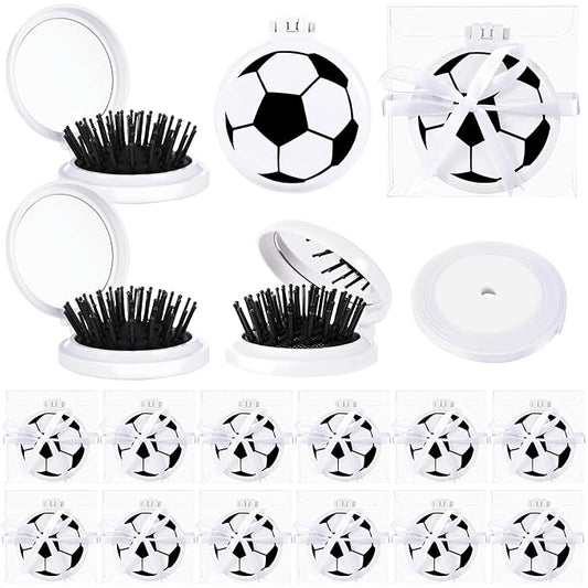 12 Set Soccer Party Favors Soccer Mini Detangler Mirror Brush With Ribbons, Mini Travel Hair Brush, No Tangle Soft Flexible Bristles for Teen Girls Soccer Team Gifts Sport Birthday Party favors