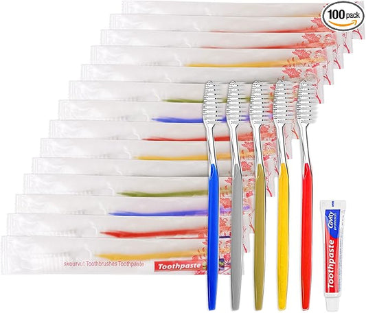Disposable Toothbrushes with Toothpaste Individually Wrapped 5 Colors Bulk Toothbrush and Toothpaste 10g for Homeless,Shelter,Air Bnb/Hotel/Guest Apartment (100)