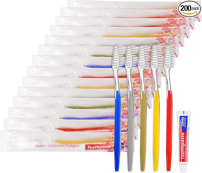 Disposable Toothbrushes with Toothpaste Individually Wrapped 5 Colors Bulk Toothbrush and Toothpaste 10g for Homeless,Shelter,Air Bnb/Hotel/Guest Apartment (200)