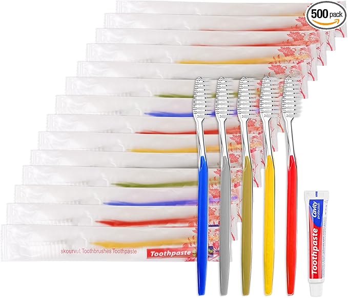 Disposable Toothbrushes with Toothpaste Individually Wrapped 5 Colors Bulk Toothbrush and Toothpaste 10g for Homeless,Shelter,Air Bnb/Hotel/Guest Apartment (500)