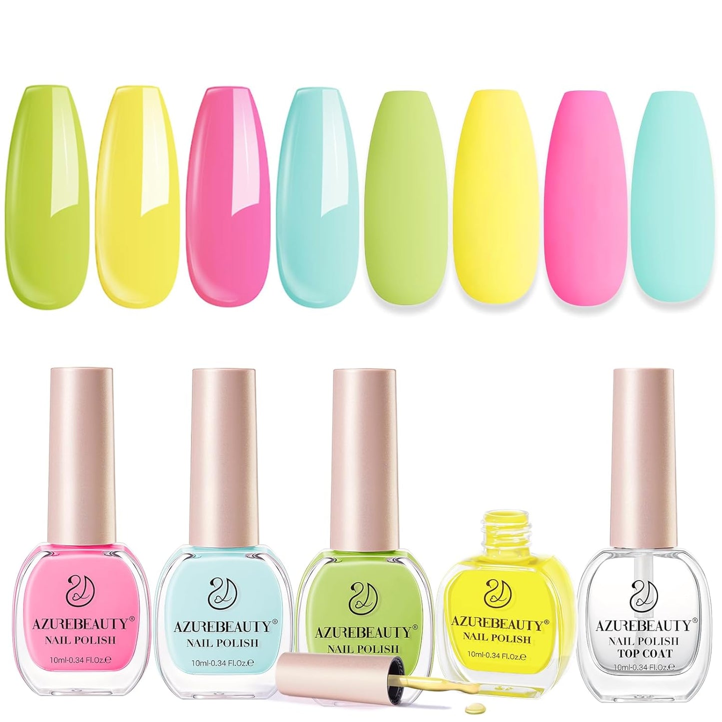 AZUREBEAUTY Nail Polish Set, 4 Colors Pastel Lime Green Yellow Pink Quick Dry Natural Nail Lacquer Strengthening Treatment Kit DIY Salon at Home