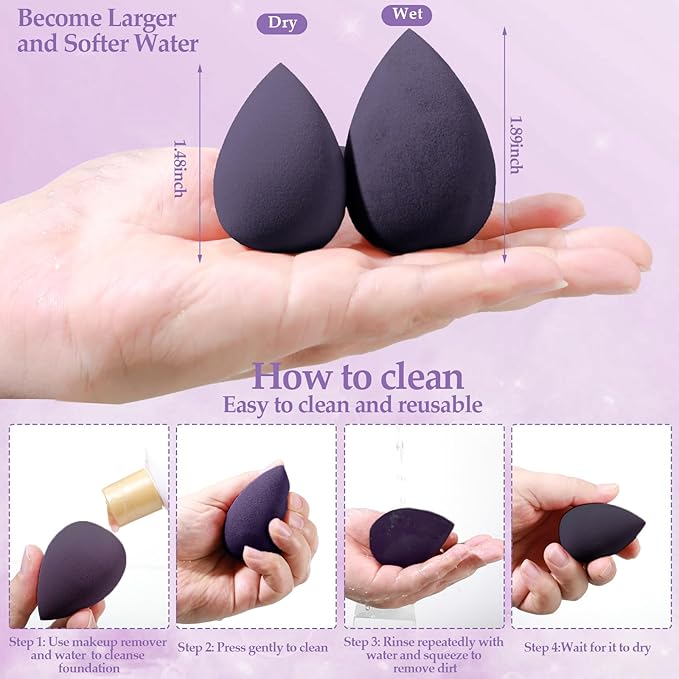 14 Pcs Makeup Sponge Set, Beauty Sponges Blender with 4 Pcs Powder Puff and 4 Pcs Mini Make up Sponges for Liquid,Foundation,Powder,Concealer,Cream (Purple)