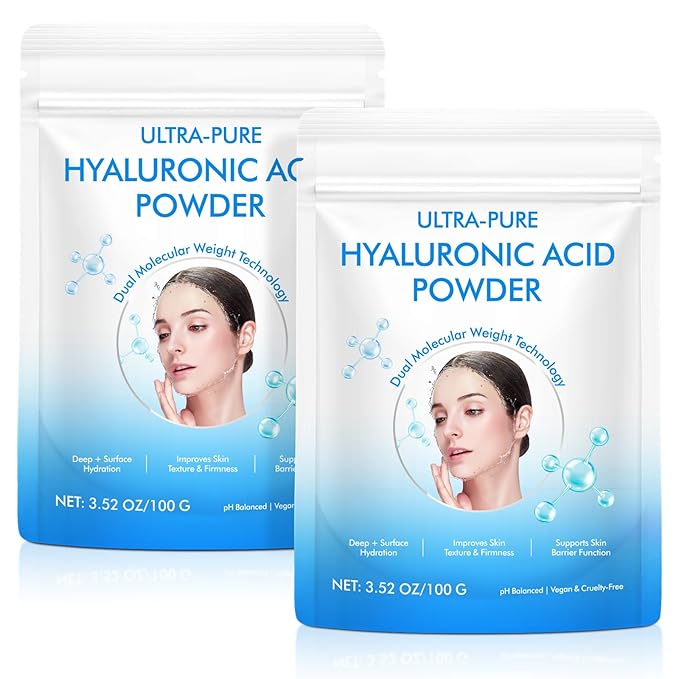 100% Pure Hyaluronic Acid Serum Powder for Face & Skin,DIY Making Hyaluronic Acid Gel Serum,Water Soluble Moisturizing for Skin Care (2 Pack)