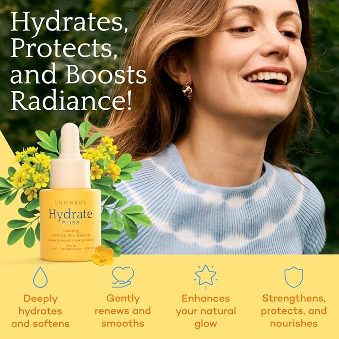 Bliss Facial Serum, Oil-Based Alternative to Vitamin C Serum for Face – Smooth Hydrating Serum with Vitamin E, Almond Oil, Squalane, Flower Extracts - For Dry and Sensitive Skin - 20ml