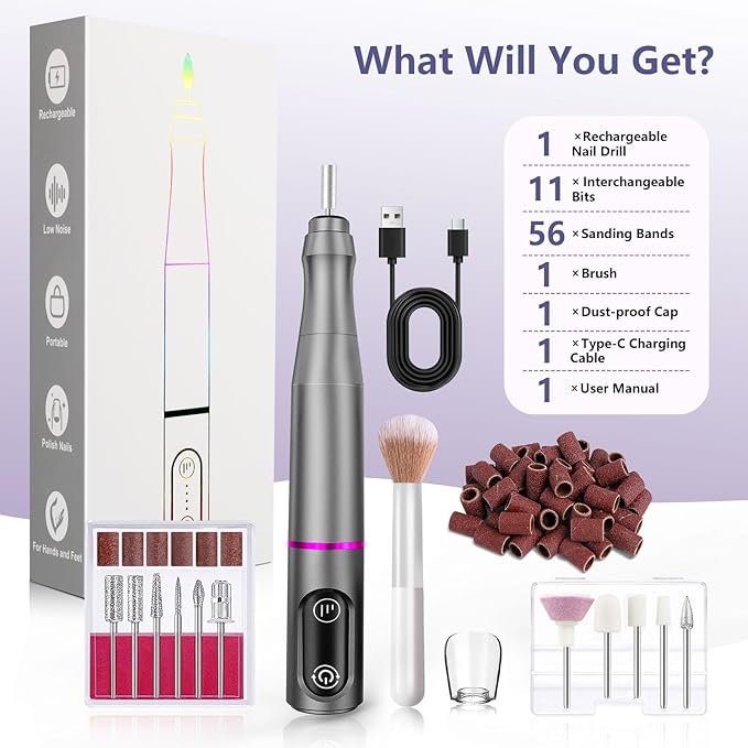 Cordless Nail Drill Electric Rechargeable File Kit, Professional Efile Acrylic Gel Nail Polish Remover Pedicure Manicure Machine Portable Set with 11 Bits 56 Sanding Bands for Salon Home Gray