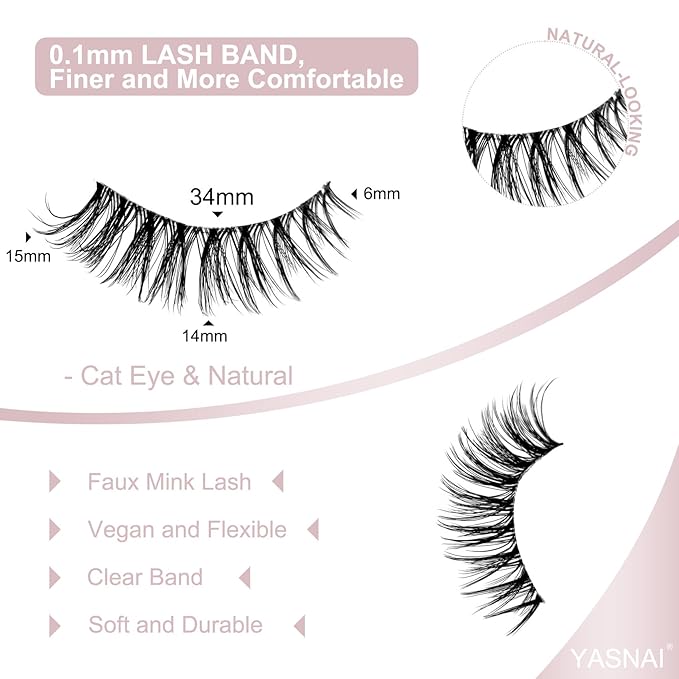 Cat Eye Lashes False Eyelashes Natural Look, Yasnai Wispy Fake Lashes Volume Lashes, Strips Lashes Natural Eyelashes Clear Band 6 Pairs Pack