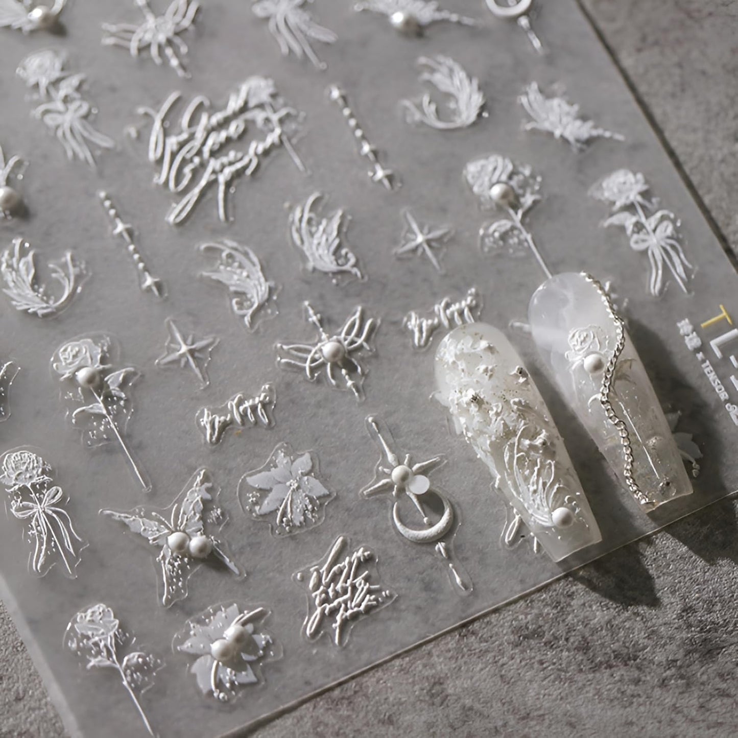 5D Embossed White Butterfly Flower Nail Stickers for Nail Art White Moon Star Nail Art Stickers White Nail Decals with Pearl Design Spring Summer Nail Supplies for Women Girls