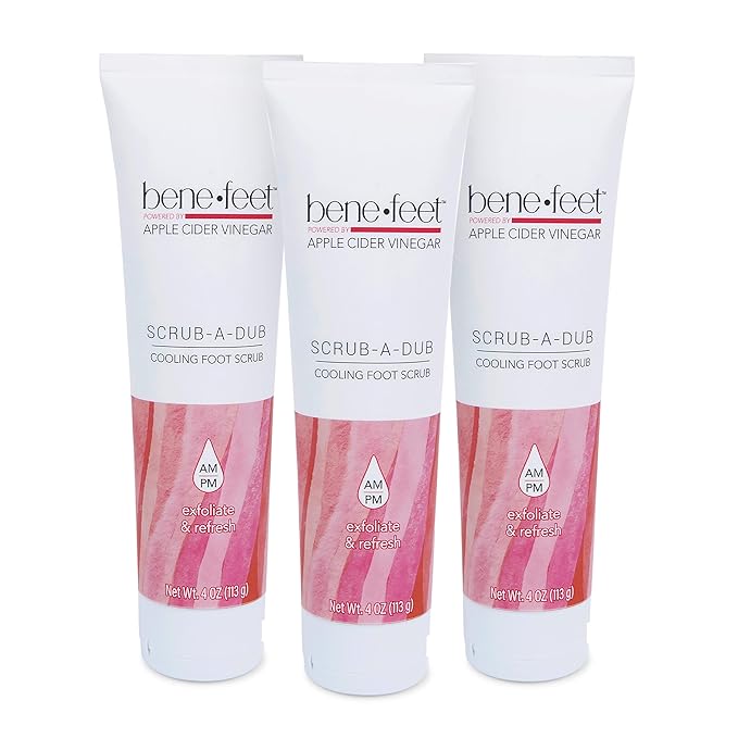 Benefeet Scrub-A-Dub Cooling Foot Scrub - Exfoliates + Refreshes Dry + Dull Skin, Get Smoother Skin from Heel to Toe, Made w/Vitamin E, Apple Cider Vinegar, Walnut Shell + Apricot Seed, 4 oz (3 Pack)