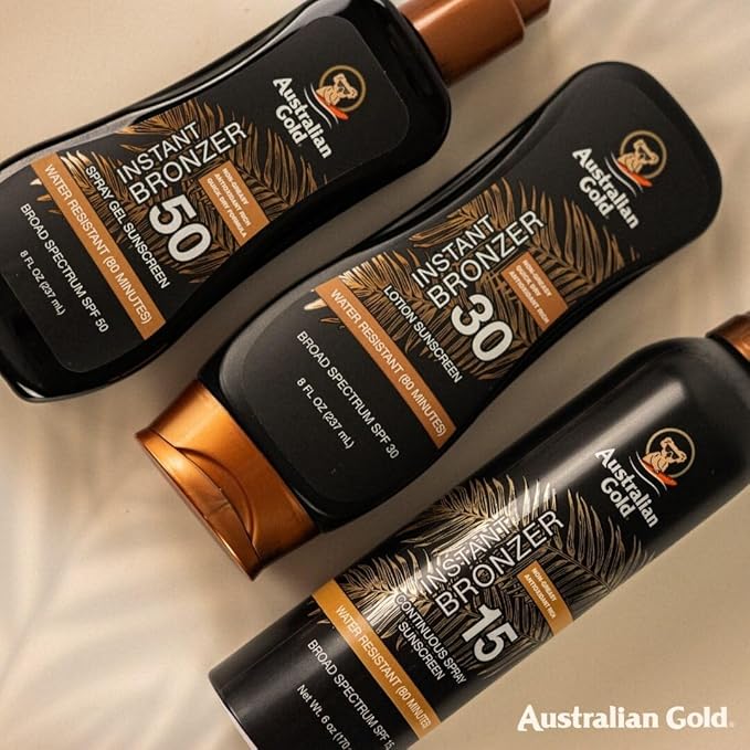 Australian Gold Continuous Spray Sunscreen with Instant Bronzer SPF 30, Immediate Glow & Dries Fast Water Resistant NonGreasy Oxybenzone Free Cruelty Free, Bronzer New, Orange, 6 Oz