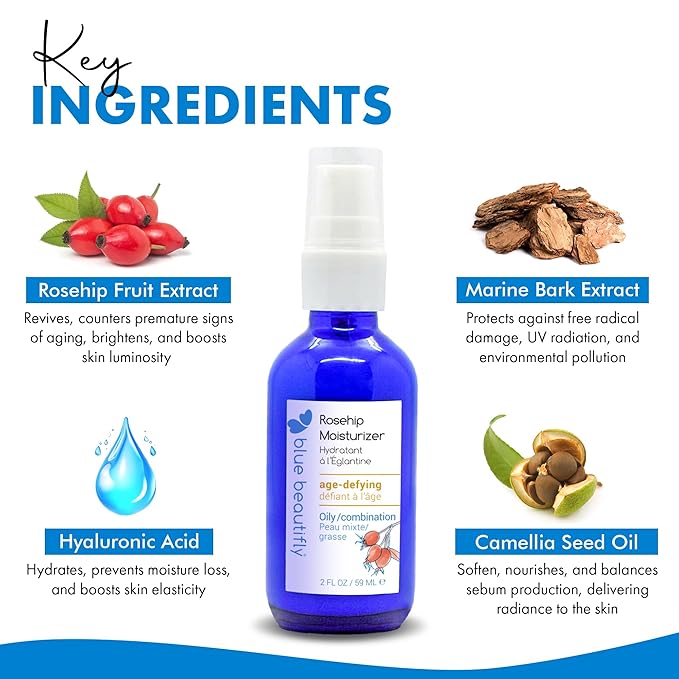 Blue Beautifly Rosehip Face Moisturizer - Restores Elasticity, Boosts Collagen, and Protects the Skin - Hyaluronic Acid Moisturizer Super-Charged with Ribose, and Marine Pine Bark Extract - 2 fl oz