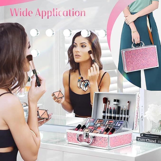 Color Nymph Starter Makeup Kit for Tweens Girls, Train Case for Women Full Kit with Eye Shadow, Lipstick, Blush, Brushes, Lipgloss, Mascara, Brow Wax and Mirror Pink Full Starter Cosmetics Set