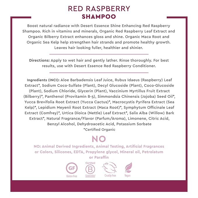 Desert Essence Red Raspberry Shampoo - 8 Fl Ounce - Gloss & Shine Enhancing - Strengthens Hair - Removes Everyday Pollutants - Vitamin A & C - Calcium - Magnesium