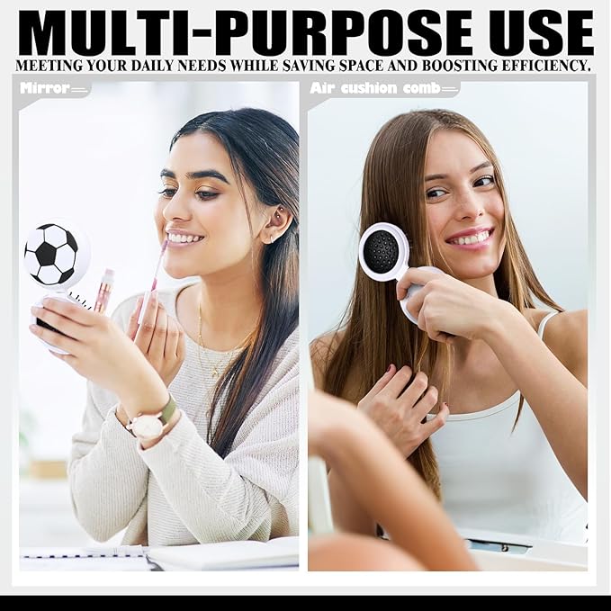12 Set Soccer Party Favors Soccer Mini Detangler Mirror Brush With Ribbons, Mini Travel Hair Brush, No Tangle Soft Flexible Bristles for Teen Girls Soccer Team Gifts Sport Birthday Party favors