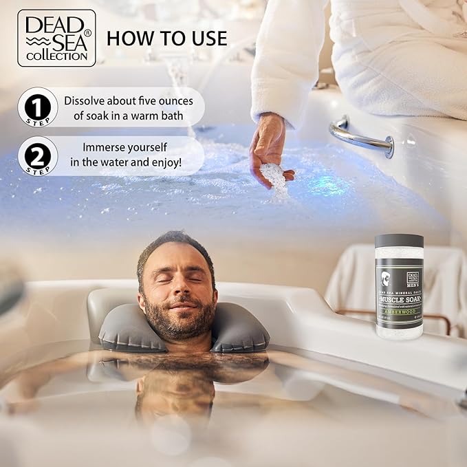 Dead Sea Collection Bath Salts for Men with Amberwood Oil - Muscle Recovery Bath Soak – Mens Pure Dead Sea Salt for Soothing and Relaxing - 37 Oz